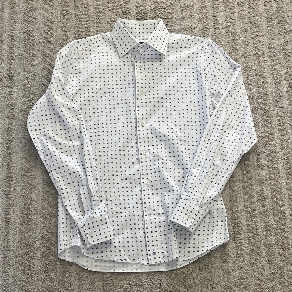 David Donahue White & Purple Patterned Trim Long-Sleeve Cotton Dress Shirt 15.5